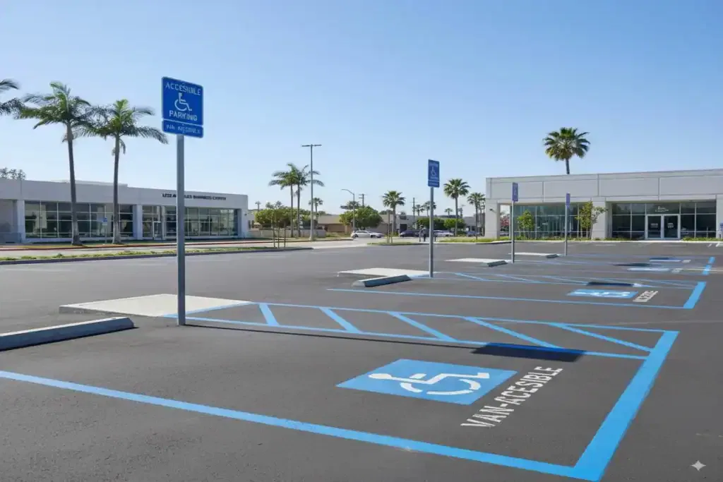 ADA Striping crew completing asphalt paving Huntington Beach near Bolsa Chica Ecological Reserve and Goldenwest community, trusted paving contractor Huntington Beach.