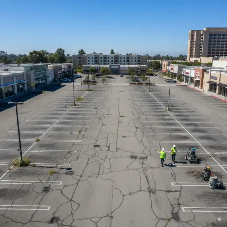 Aerial view of Los Angeles commercial parking lot with cracks, faded lines, maintenance crew, sunny, urban.
