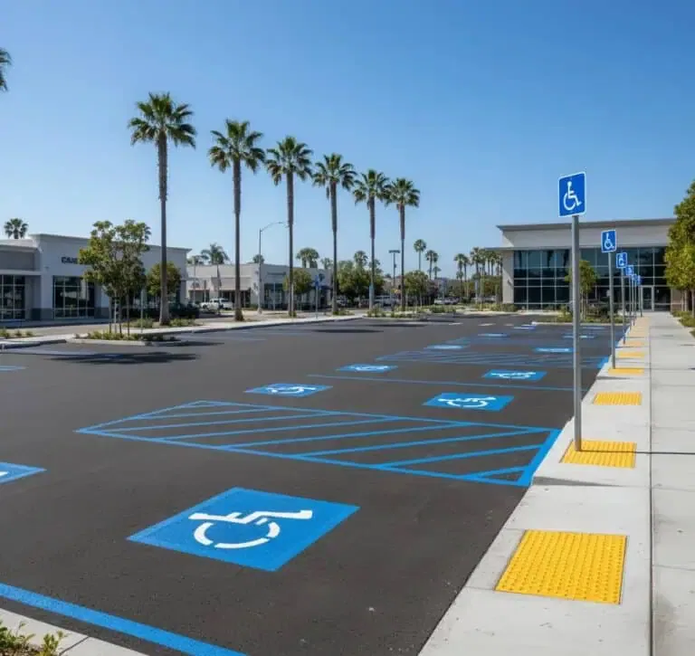 Pristine Long Beach ADA parking lot with blue stripes, tactile ramps, and palm trees.