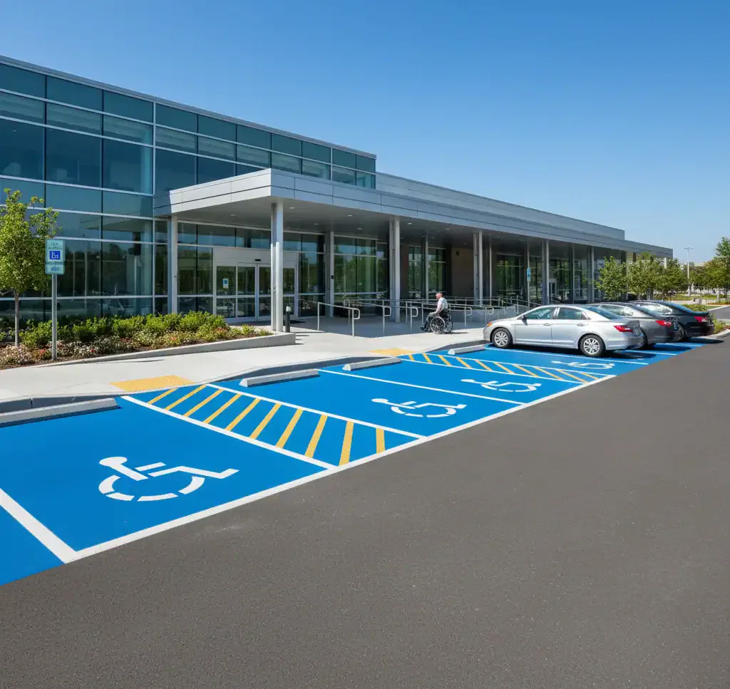 Accessible parking spaces with ADA-compliant wheelchair symbols in front of a modern medical office building with handicap ramps and clear signage.