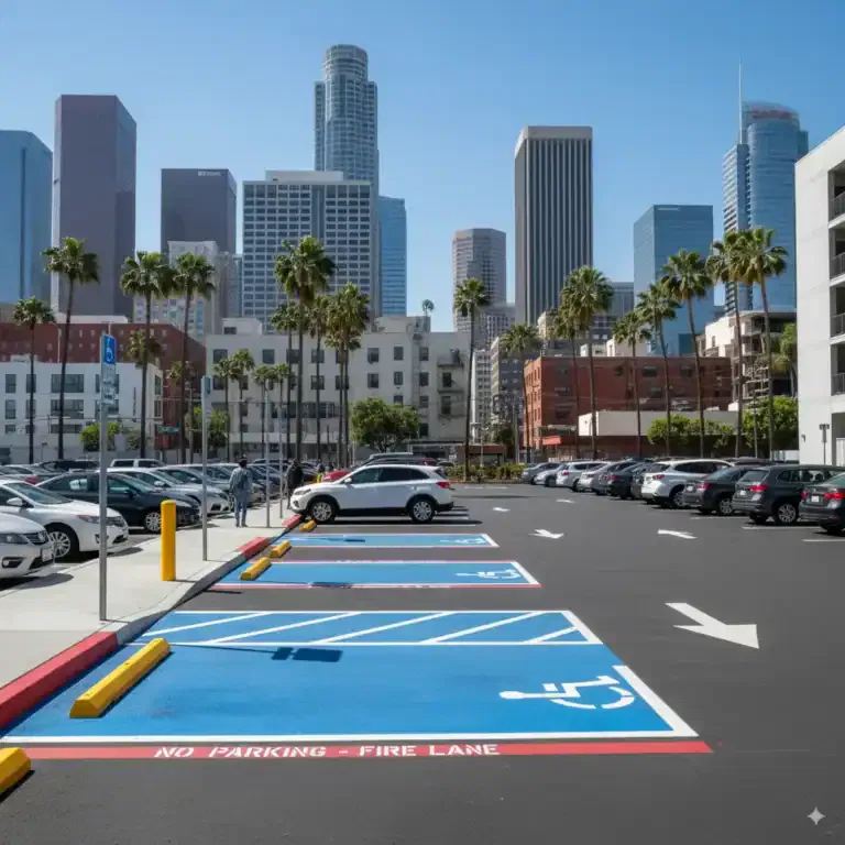 Downtown Los Angeles skyline with accessible parking spaces, fire lane markings, and palm trees