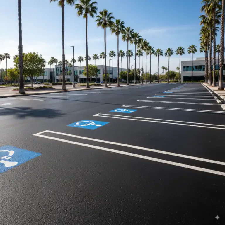 A clean, professionally maintained, sealcoated asphalt parking lot with clear markings under bright Southern California sunlight.