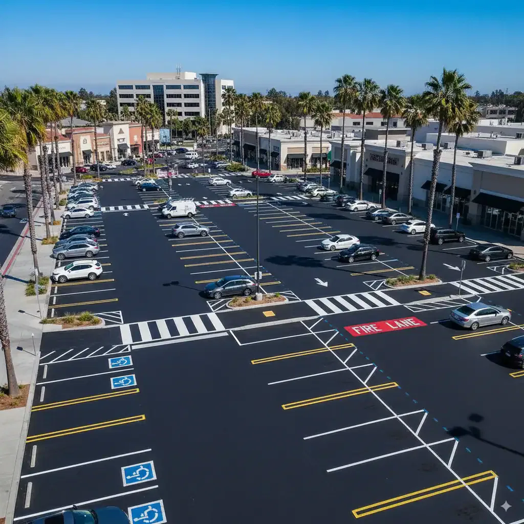Aerial view of a spacious parking lot with marked spaces, including designated handicapped parking and a fire lane, surrounded by palm trees, shops, and a multi-story building .