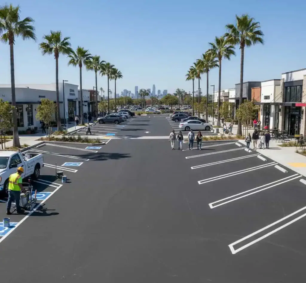 Eco-friendly parking lot striping in LA: fresh white/yellow lines, ADA spaces, directional arrows, technician using low-VOC paint, diverse shoppers, palm trees, sunny LA retail environment.