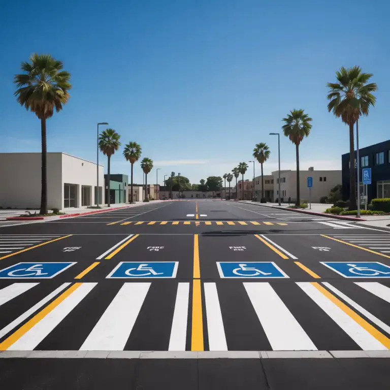 Freshly striped asphalt parking lot in Huntington Beach with ADA-compliant handicap parking spaces, accessible crosswalks, and clear pavement markings lined with palm trees and commercial buildings.