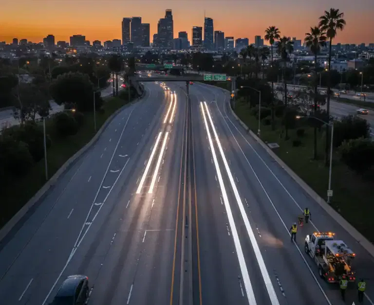 Night view of a Los Angeles highway with striping crew and city skyline.