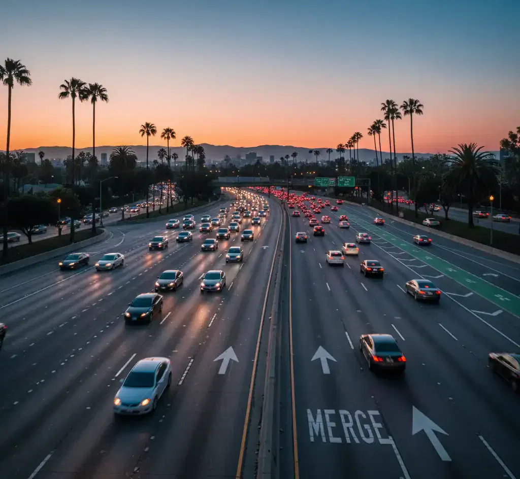 An LA highway at sunset. Clear white lines, arrows, and 