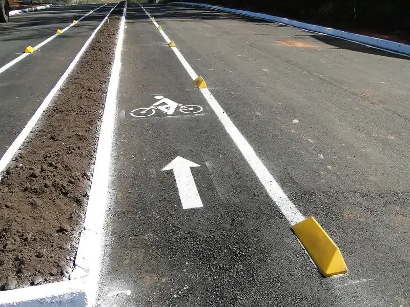 Bike lane with bicycle symbol, white arrow, bordered by rumble strips and yellow markers