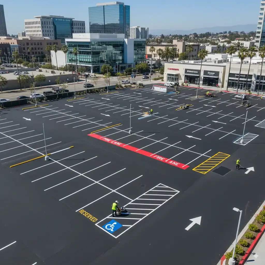 A poorly marked lot can lead to confusion, accidents, and costly fines, while a professionally striped lot enhances functionality and curb appeal. This comprehensive guide explores the critical role of parking lot striping in creating safe, compliant, and efficient parking areas. From understanding materials and processes to mastering ADA compliance and long-term maintenance, this resource equips property owners, facility managers, and HOAs with actionable insights to transform their lots. Freshly paved commercial parking lot with ADA handicap accessible spaces, fire lane markings, and workers painting new striping near office buildings and retail stores.
