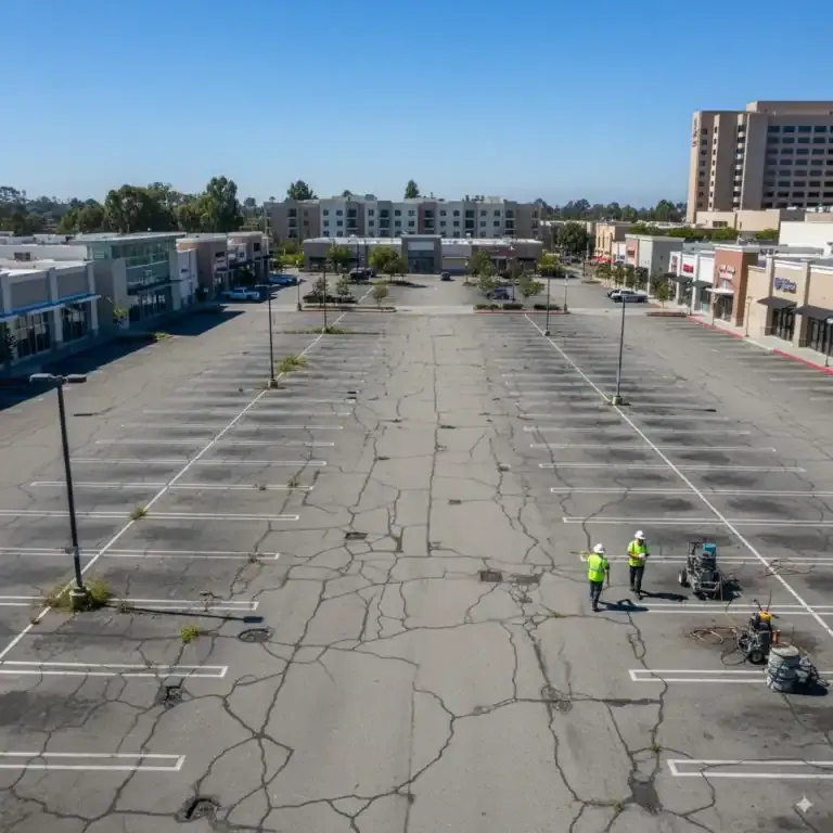 Aerial view of Los Angeles commercial parking lot with cracks, faded lines, maintenance crew, sunny, urban.