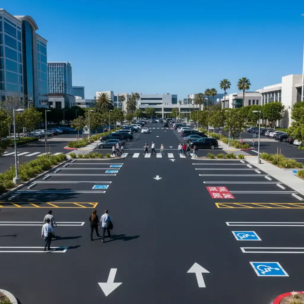 A poorly marked lot can lead to confusion, accidents, and costly fines, while a professionally striped lot enhances functionality and curb appeal. This comprehensive guide explores the critical role of parking lot striping in creating safe, compliant, and efficient parking areas. From understanding materials and processes to mastering ADA compliance and long-term maintenance, this resource equips property owners, facility managers, and HOAs with actionable insights to transform their lots. Large commercial parking lot with ADA handicap accessible spaces, pedestrian crosswalks, and office buildings in the background.