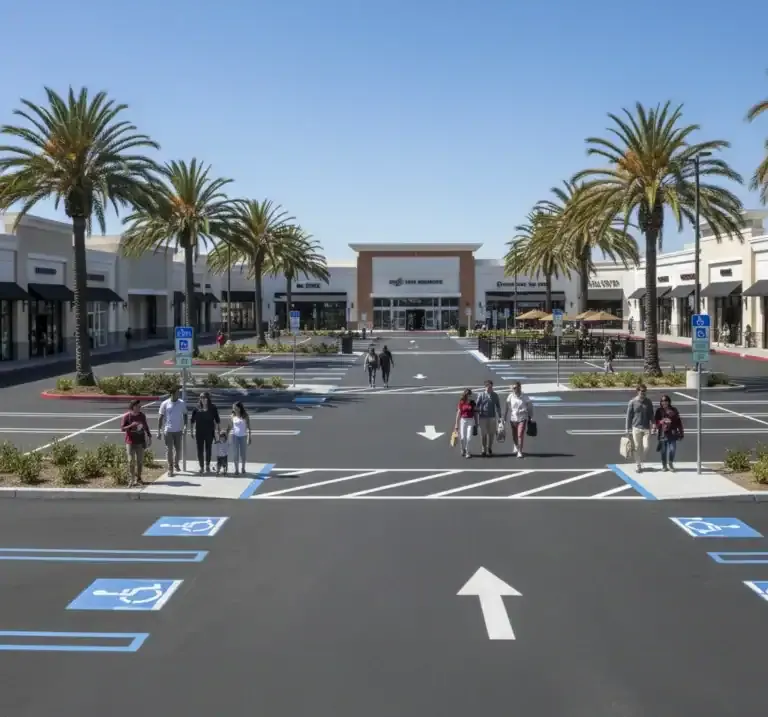 Shoppers walking through outdoor shopping center with palm trees, wide parking lot, and retail stores on a sunny day