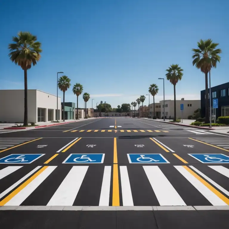 Freshly striped asphalt parking lot in Huntington Beach with ADA-compliant handicap parking spaces, accessible crosswalks, and clear pavement markings lined with palm trees and commercial buildings.