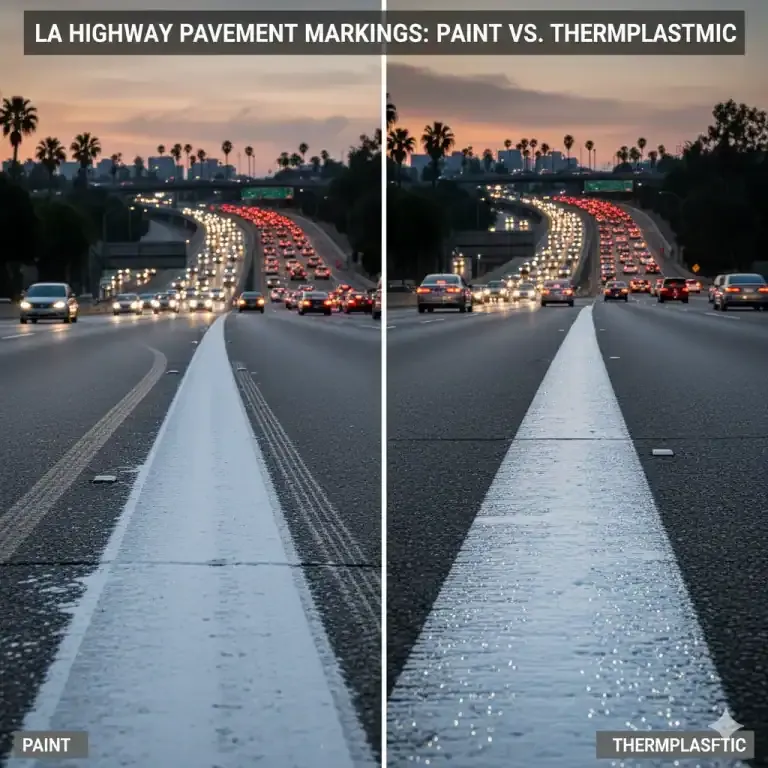 Side-by-side: LA highway pavement markings. Left: faded paint. Right: bright, reflective thermoplastic. Shows durability difference.